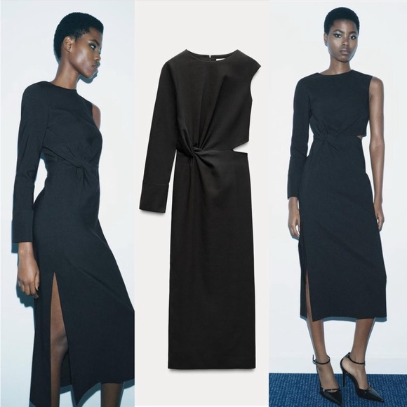 Zara Dresses & Skirts - Zara Black Cut Out Midi Dress cotton blend one long sleeve Pleated knot ZW NWT